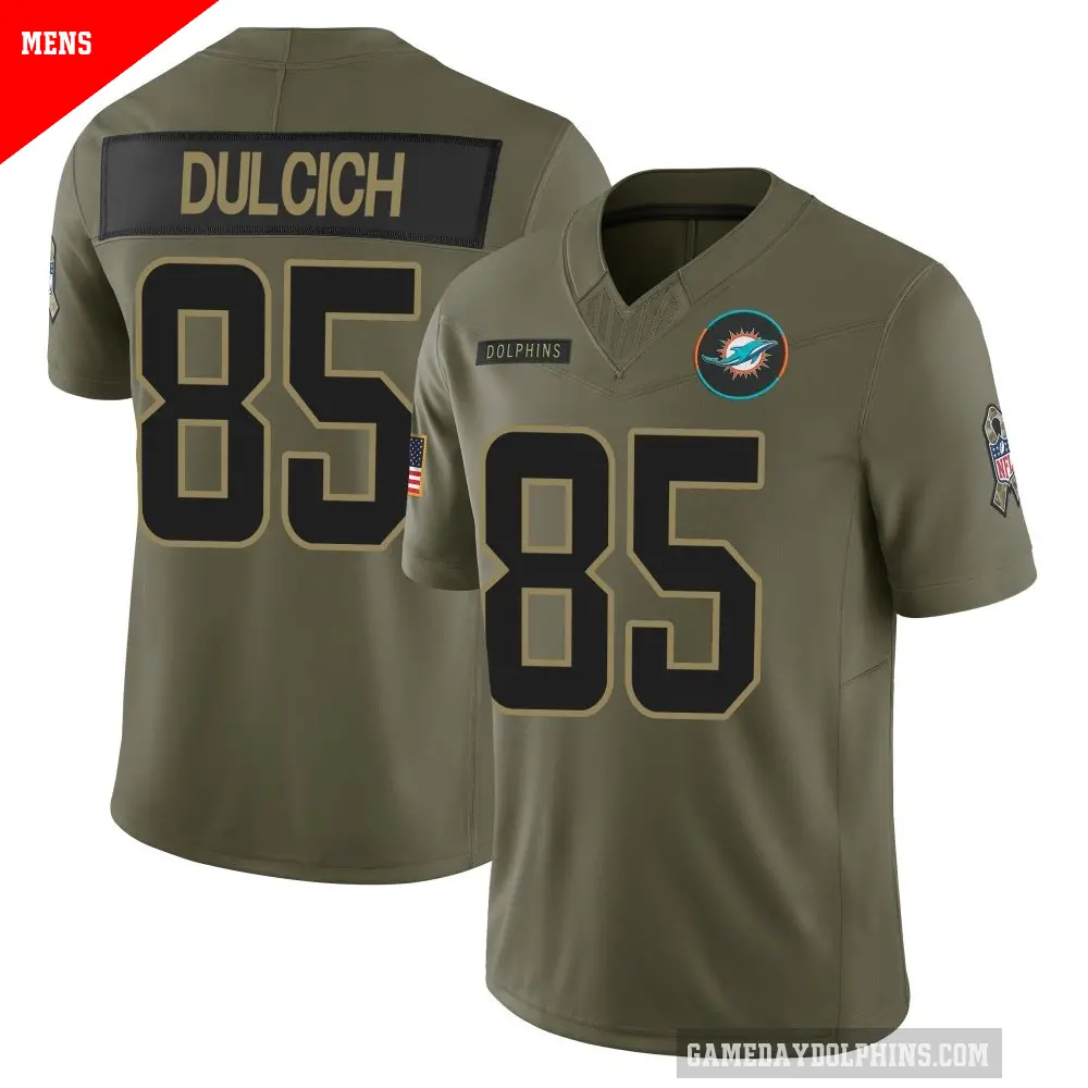Men's Miami Dolphins ＃85 Greg Dulcich Olive Limited 2025 Salute to Service Jersey
