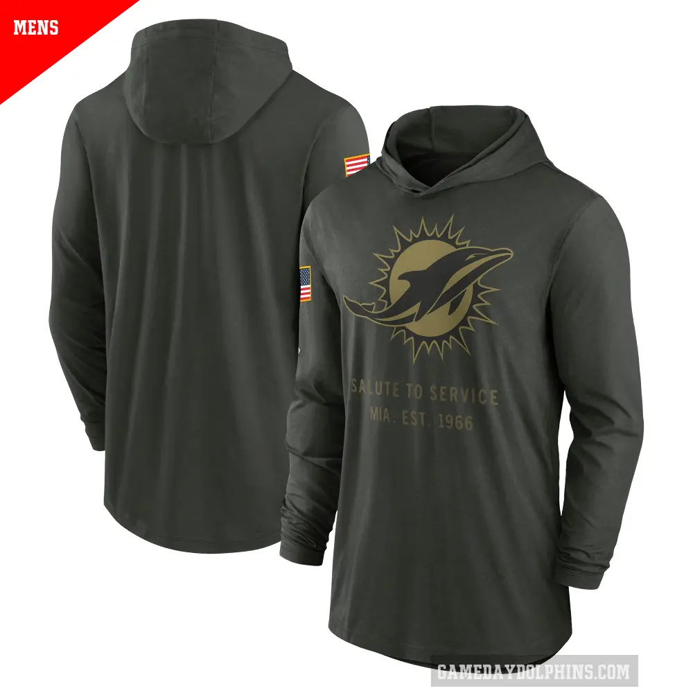 Men's Miami Dolphins Green Forest 2025 Salute to Service Sideline Lightweight Long Sleeve Hooded Pullover T-Shirt