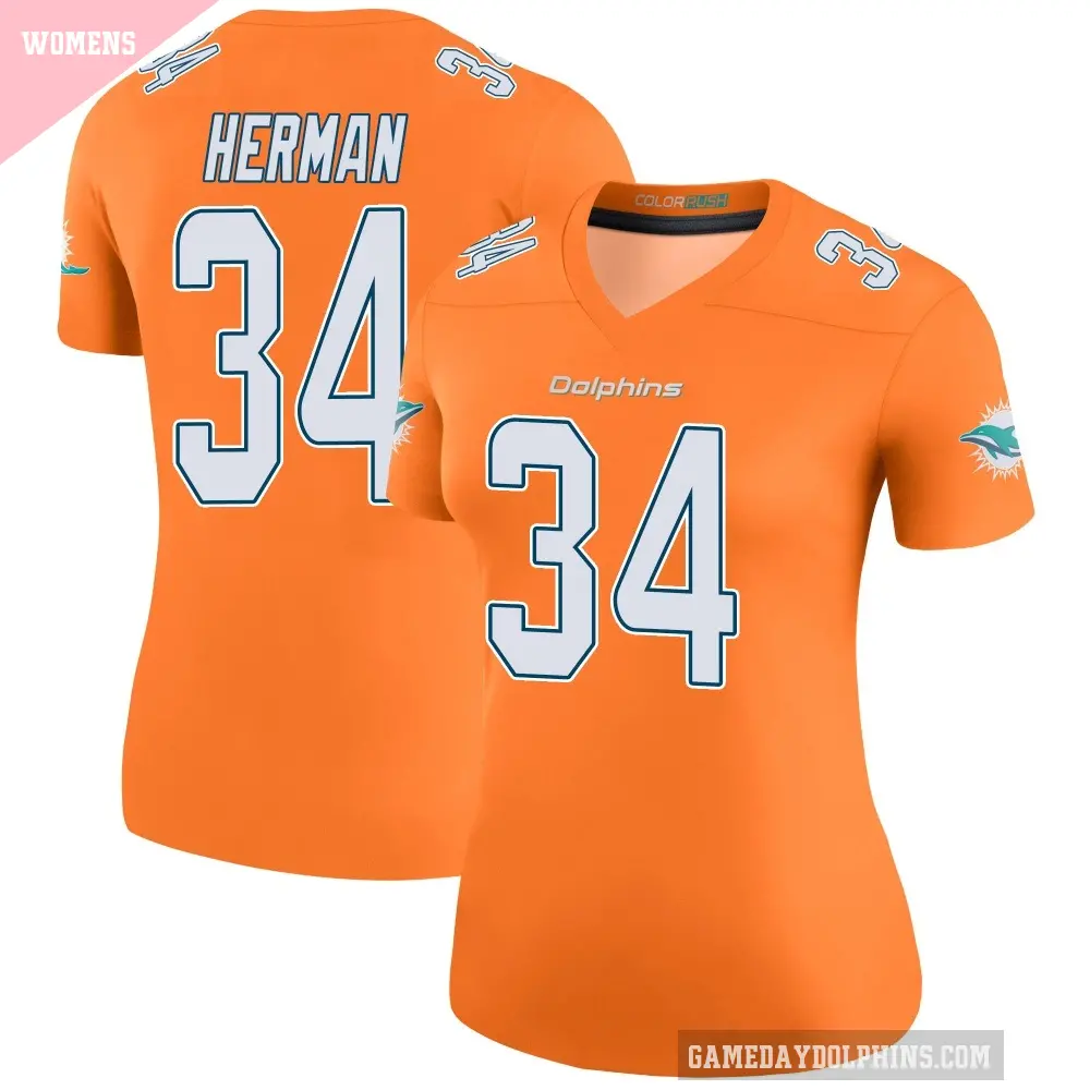Women's Miami Dolphins ＃34 DJ Herman Orange Legend Color Rush Jersey