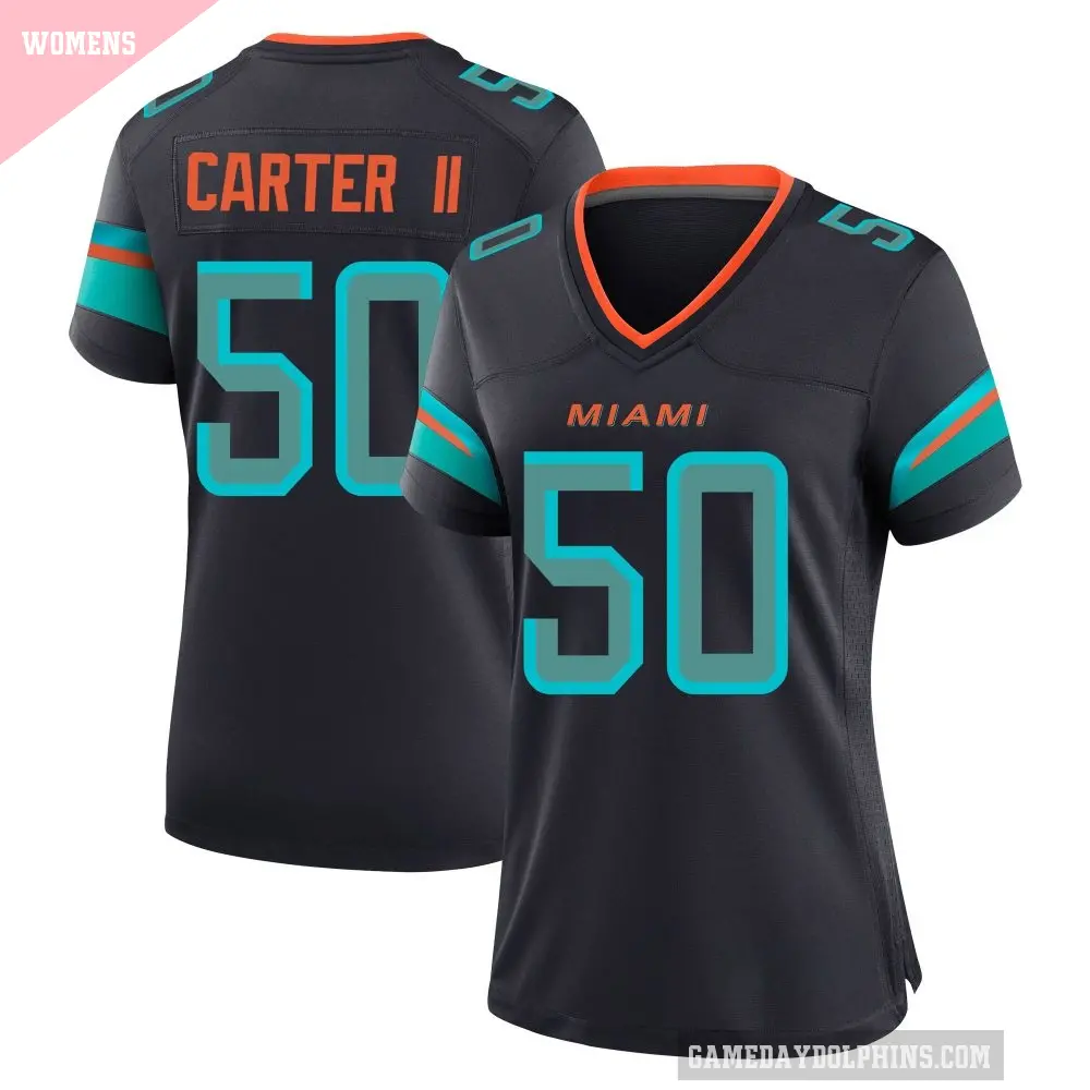 Women's Miami Dolphins ＃50 Andre Carter II Blue Game Pitch 2025 Rivalries Collection Jersey
