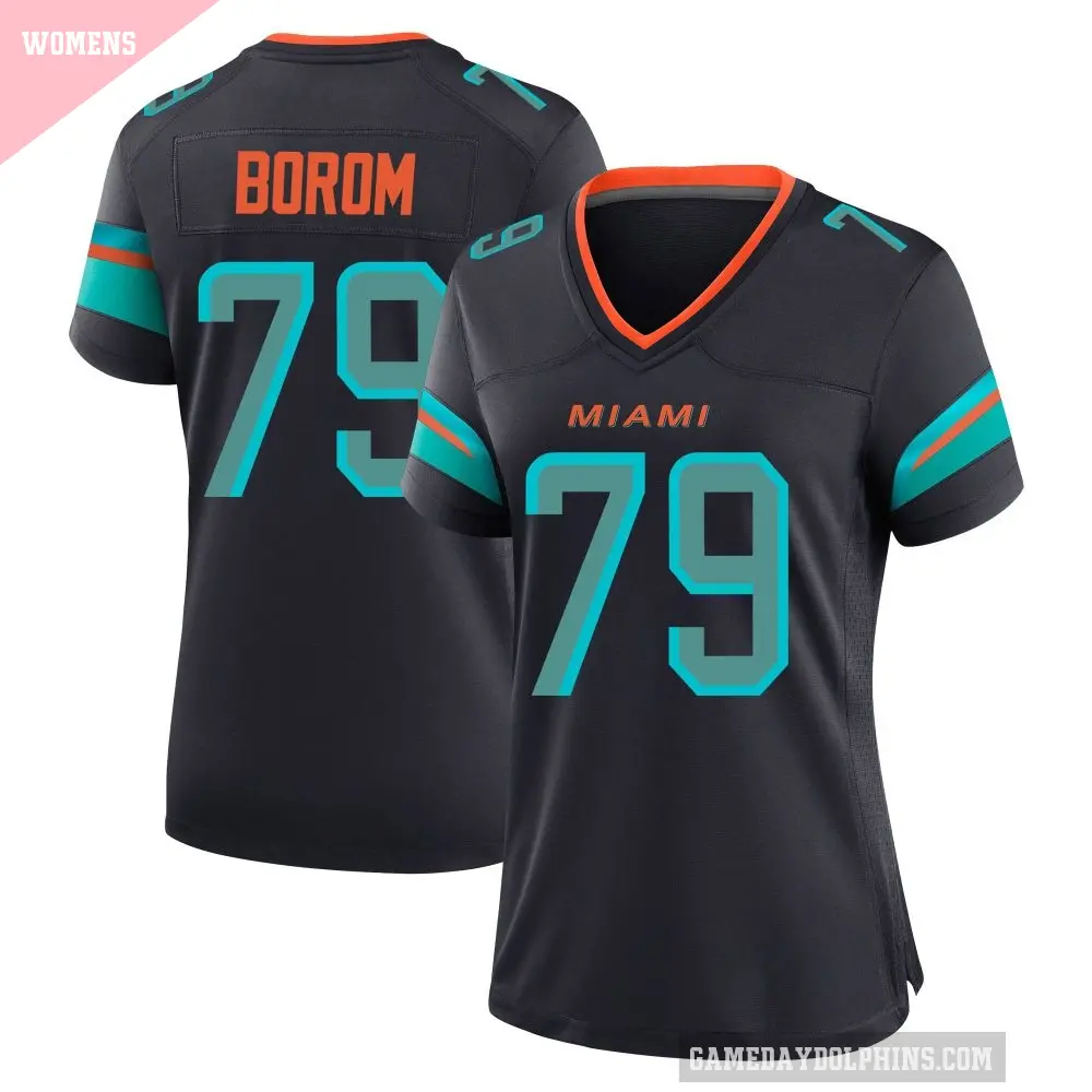 Women's Miami Dolphins ＃79 Larry Borom Blue Game Pitch 2025 Rivalries Collection Jersey
