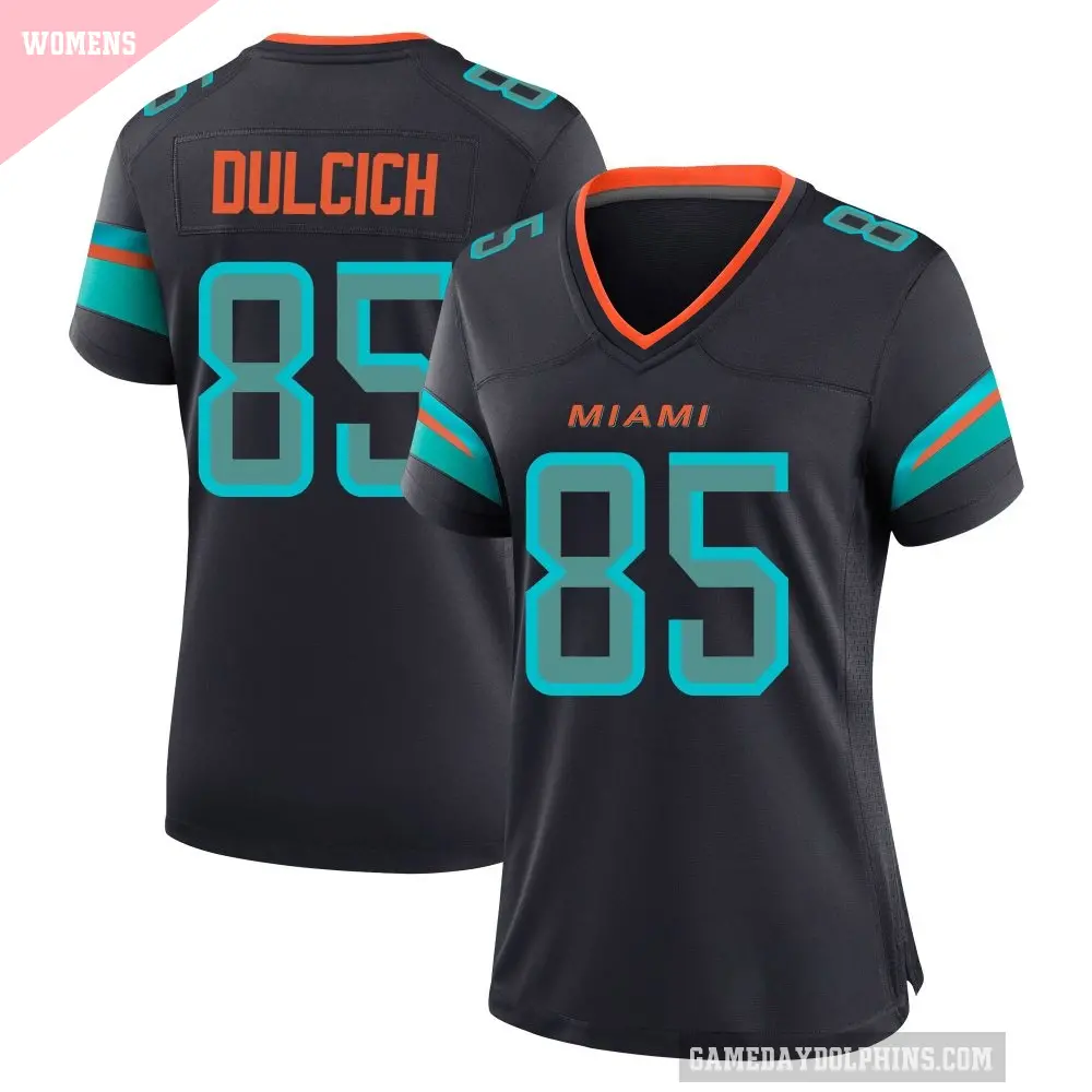 Women's Miami Dolphins ＃85 Greg Dulcich Blue Game Pitch 2025 Rivalries Collection Jersey