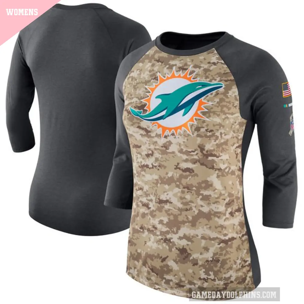 Women's Miami Dolphins Camo/Charcoal Legend Salute to Service 2017 Three-Quarter Raglan Sleeve T-Shirt