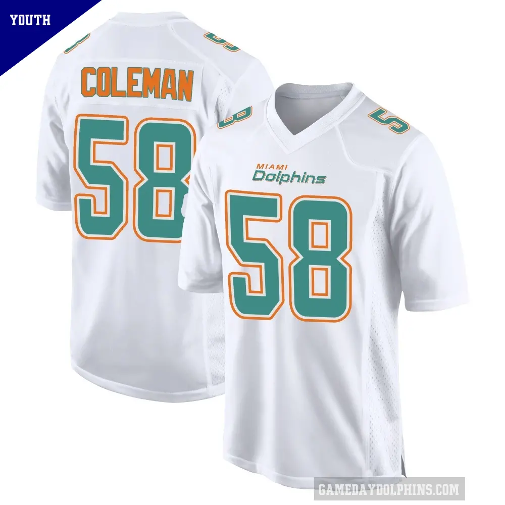 Youth Miami Dolphins ＃58 Seth Coleman White Game Fashion Jersey