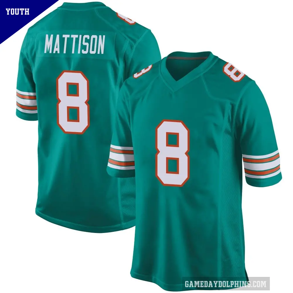 Youth Miami Dolphins ＃8 Alexander Mattison Aqua Game Alternate Jersey