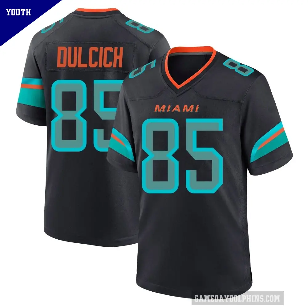 Youth Miami Dolphins ＃85 Greg Dulcich Blue Game Pitch 2025 Rivalries Collection Jersey